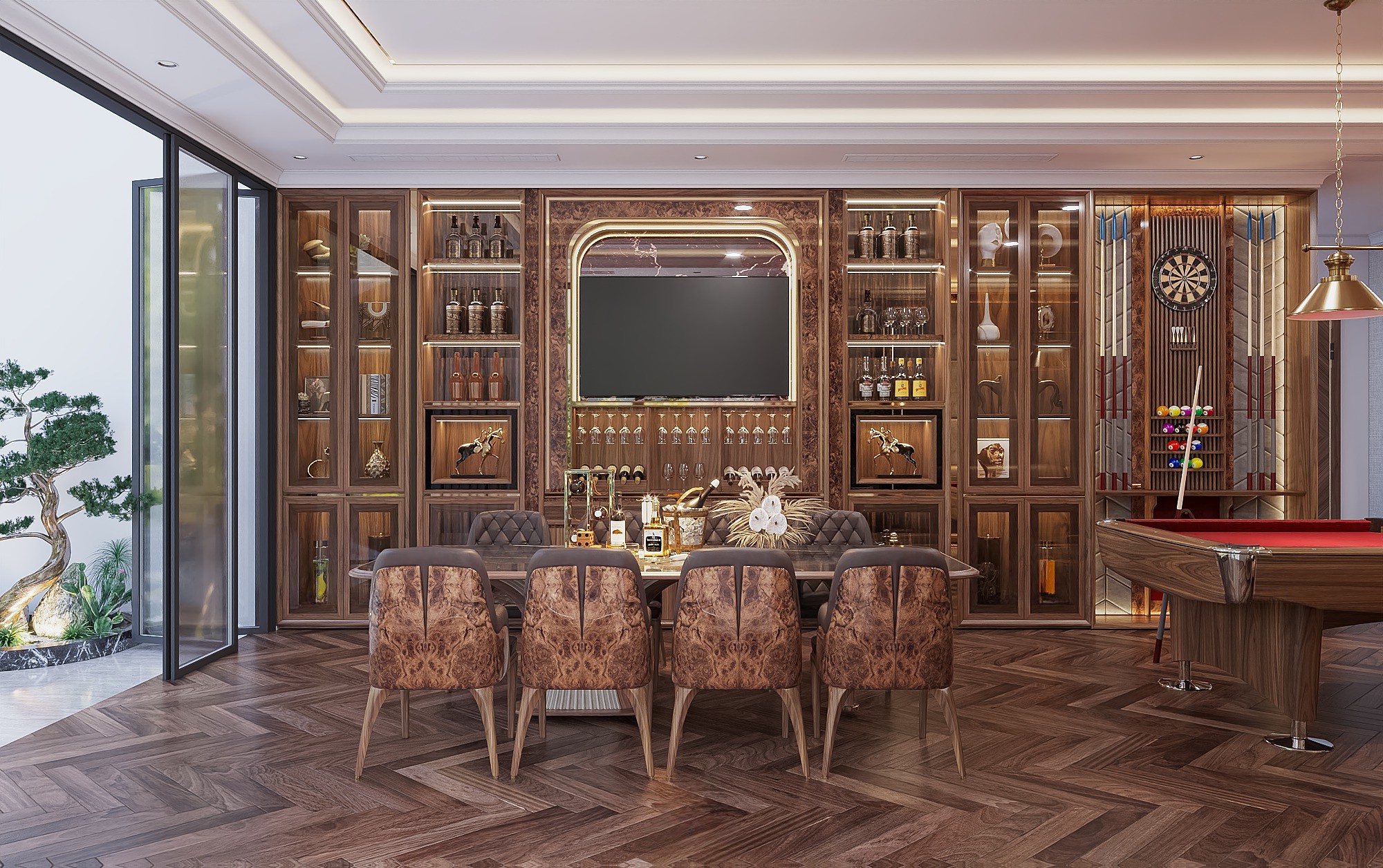 Tủ rượu hiện đại kích thước lớn trải dài phòng với cánh kính trong suốt