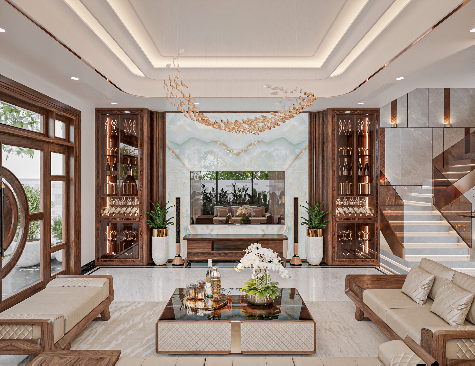 Tủ rượu kết hợp kệ tivi gỗ tự nhiên màu nâu đậm cao kịch trần với viền veneer nu và lam sóng cong