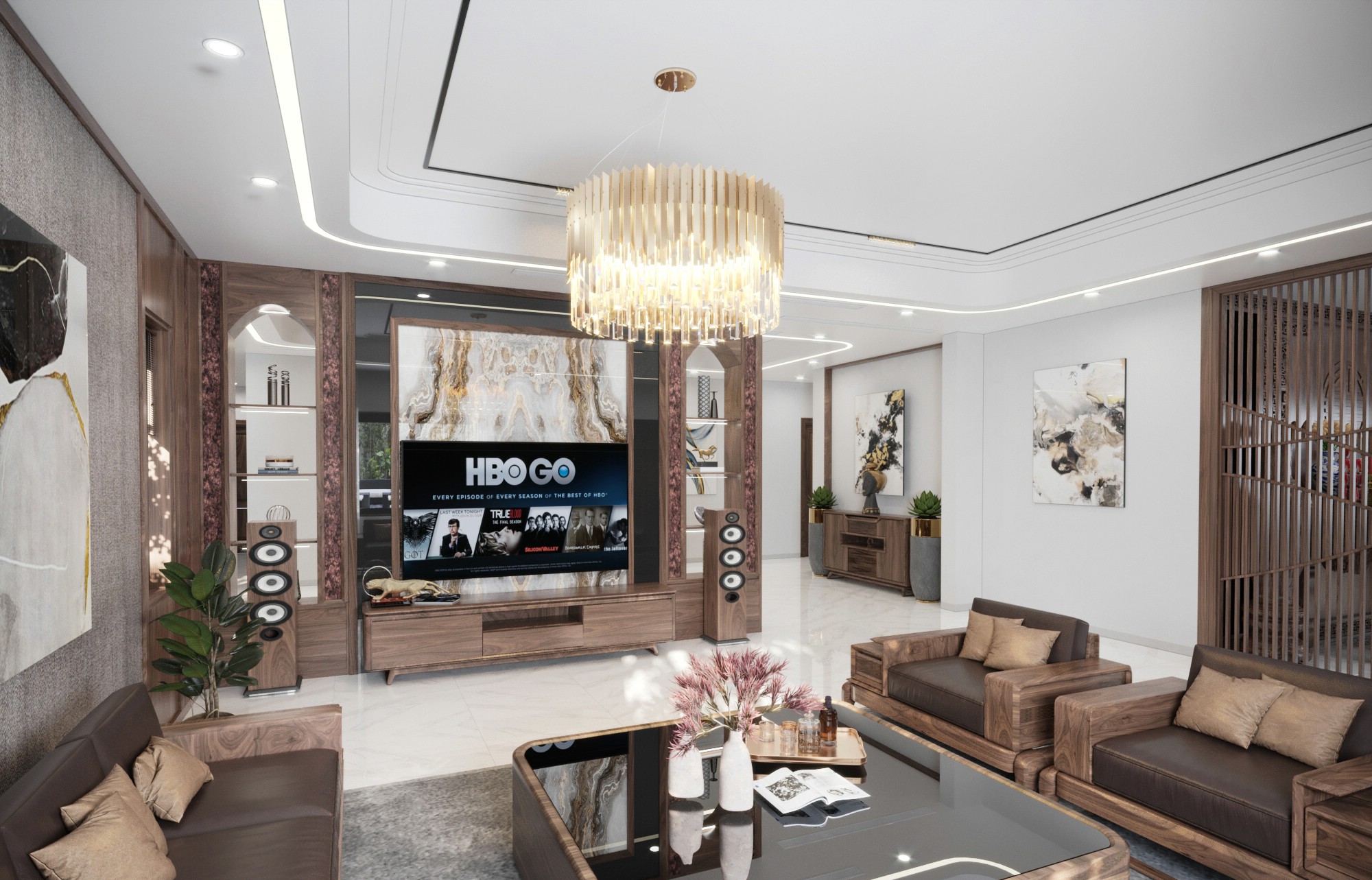 Vách kệ tivi phòng khách hiện đại cao kịch trần với ốp vân đá đối xứng