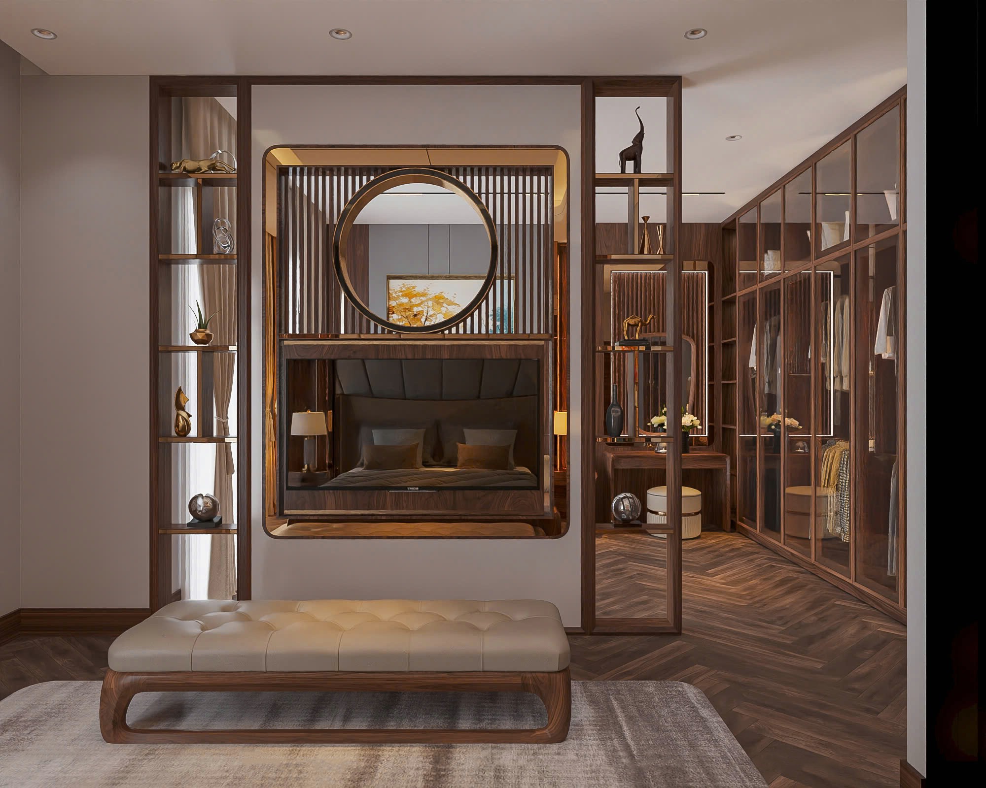 Vách ngăn phòng bằng gỗ MDF phủ vân gỗ và laminate trắng với kệ trang trí mạ vàng