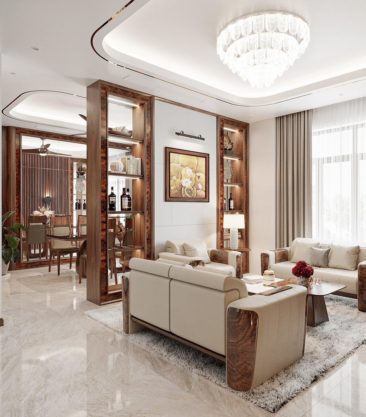 : Vách ngăn phòng khách kết hợp kệ trang trí, veneer nu, đèn LED tầng
